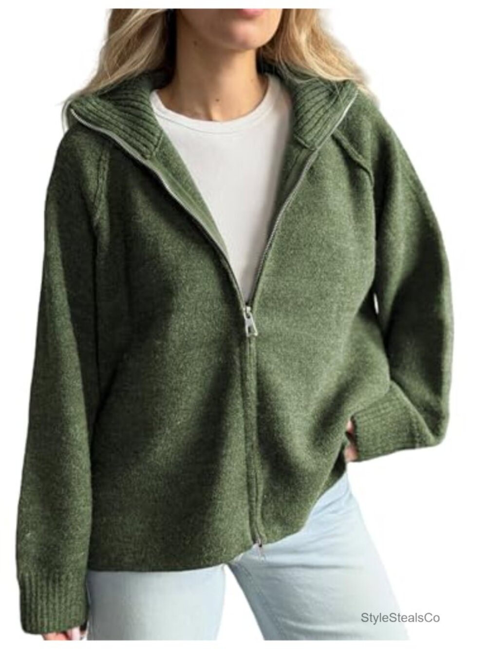 Womens Zip Up Cardigan Long Sleeve Collared Knit Sweater Jacket
